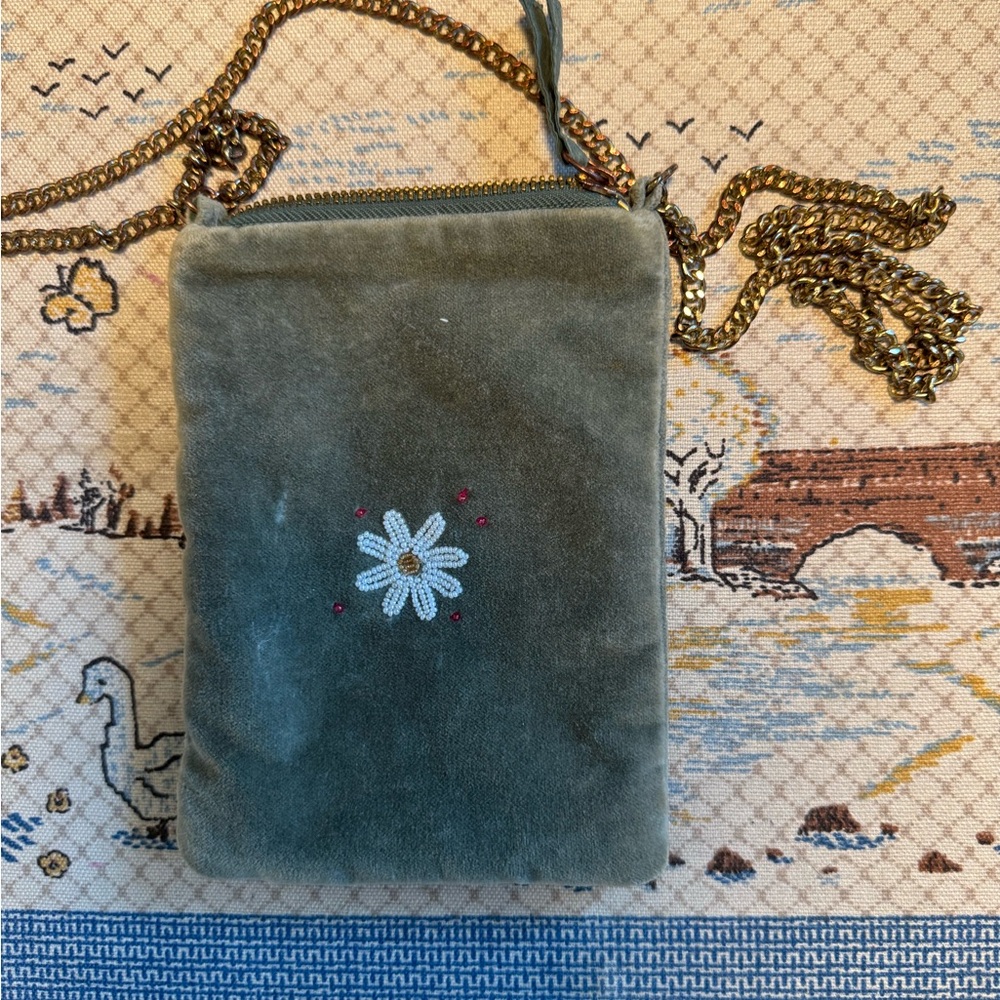 Embroidered Green Velvet Crossbody Bag